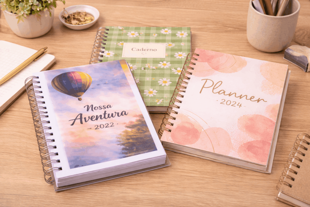 Exemplos de produtos feitos com encadernadora como agendas e cadernos