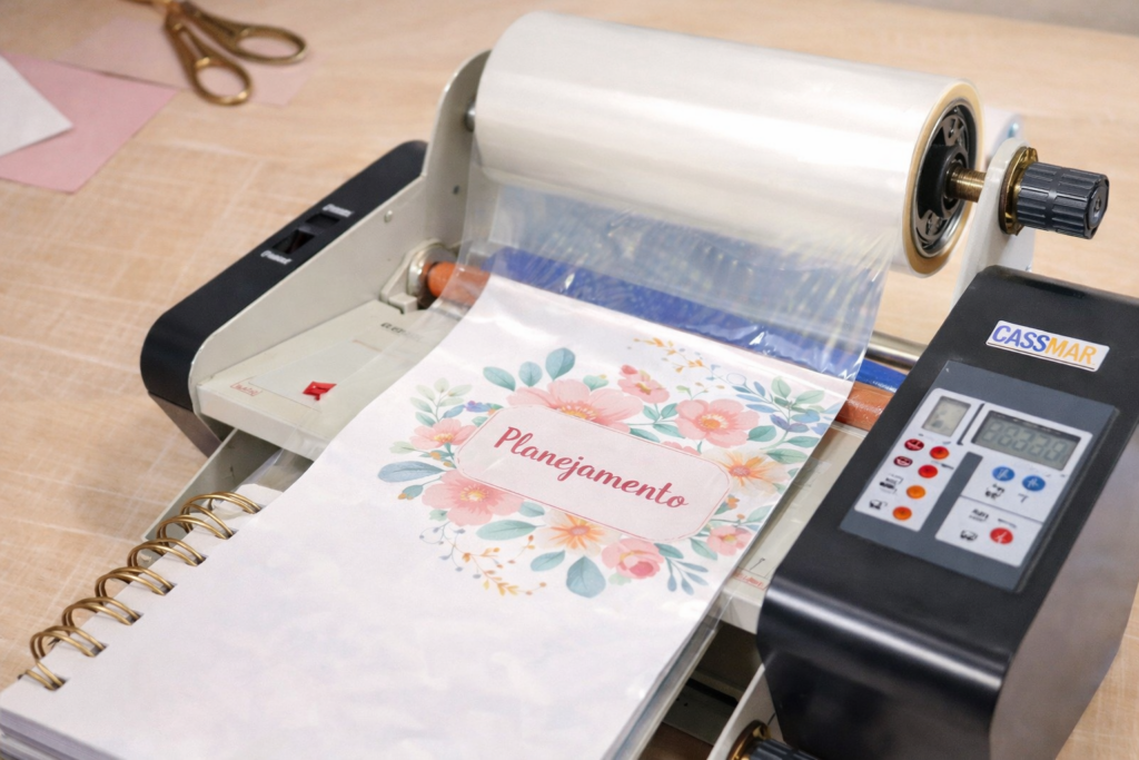 aplicação de bopp para laminação em capa de papelaria personalizada
