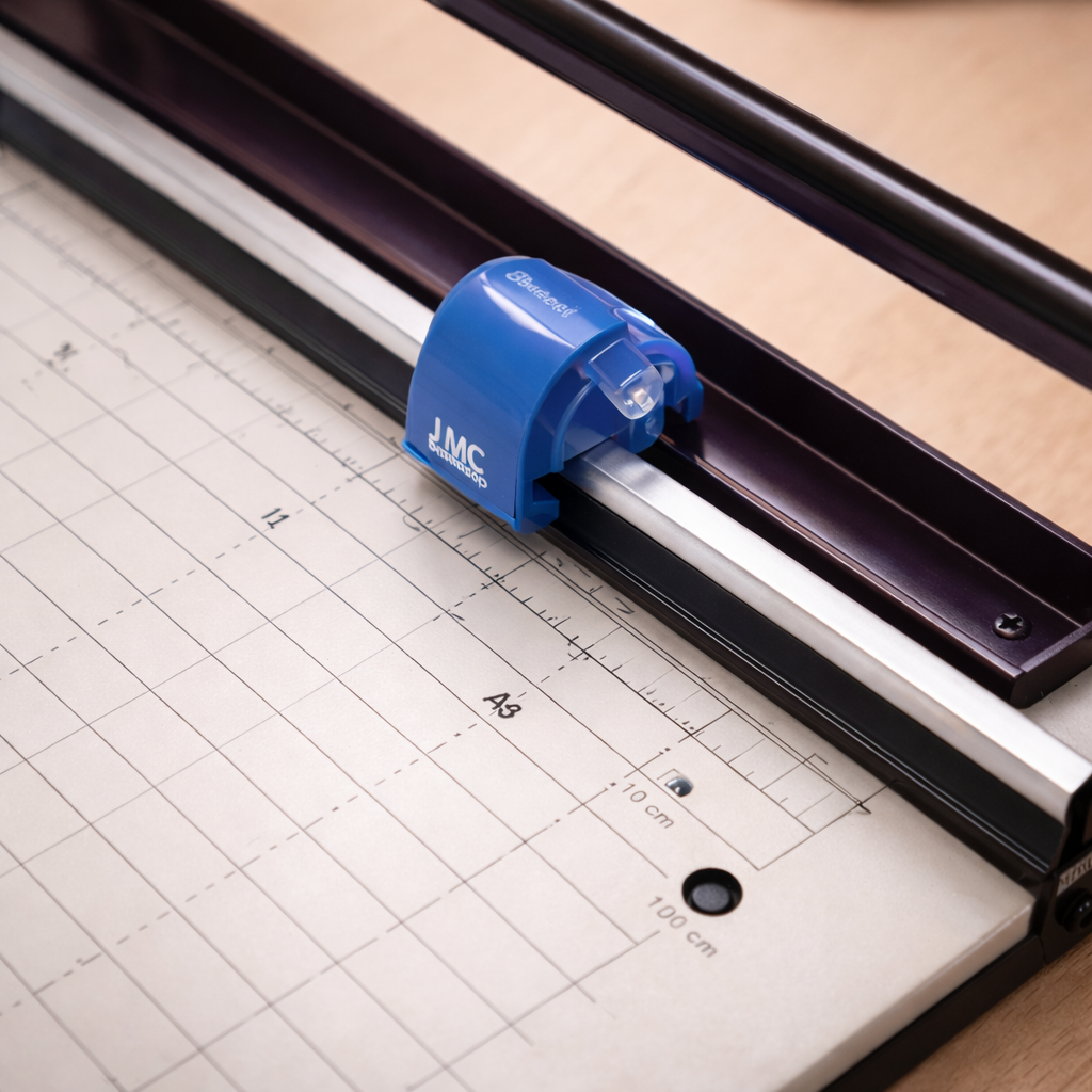 Detalhe da refiladora de papel mostrando trilho de corte, base com marcações e lâmina deslizante