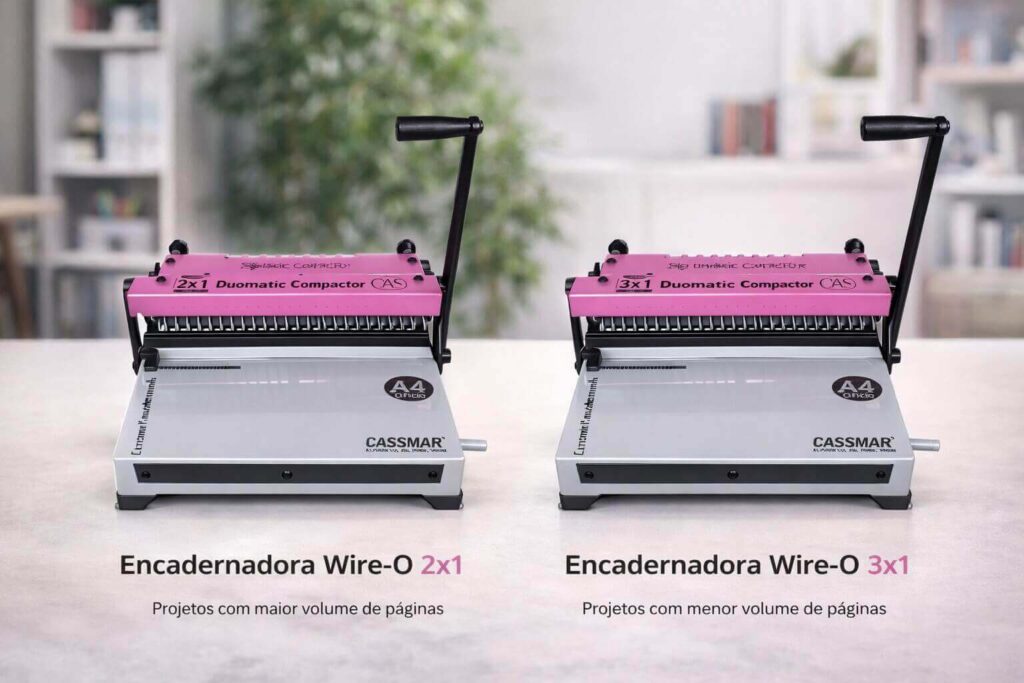 Comparação entre encadernadora wire-o 2x1 e encadernadora wire-o 3x1 para diferentes volumes de páginas