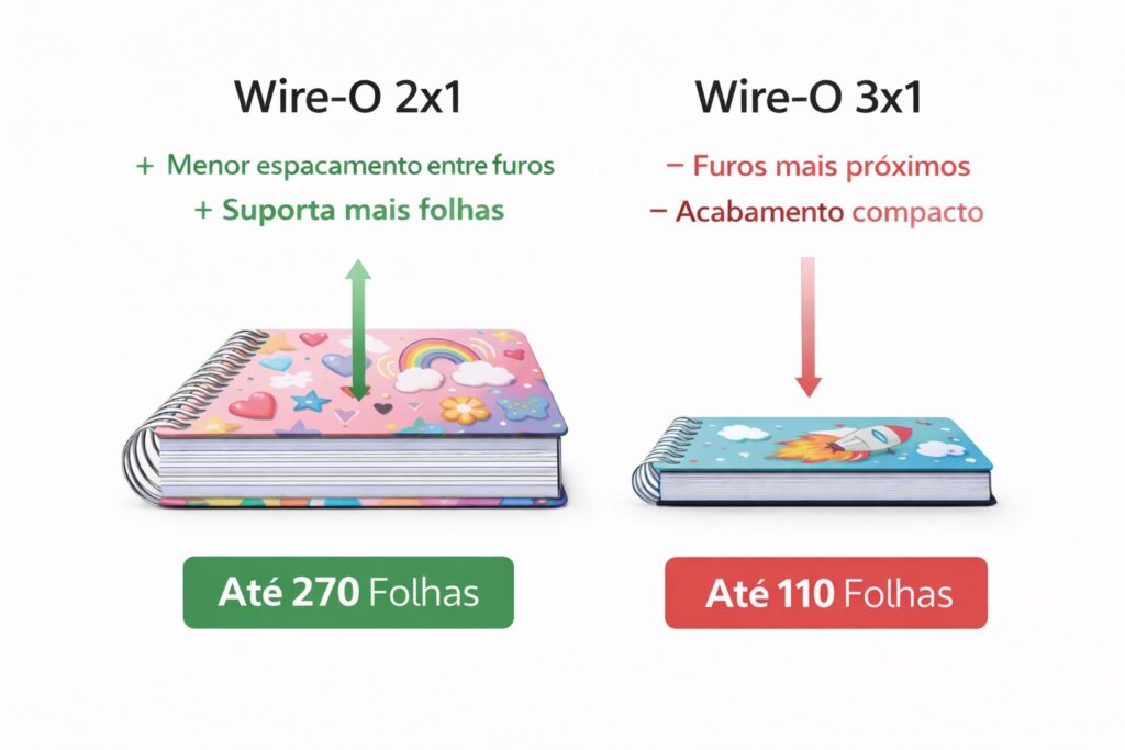 Diferença entre encadernação wire-o 2x1 e wire-o 3x1 mostrando o espaçamento dos furos e a capacidade de folhas