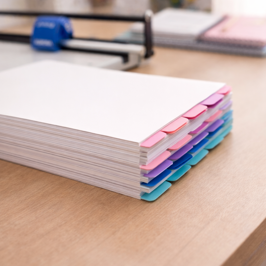 Folhas de papel alinhadas após corte com refiladora em ateliê de papelaria personalizada
