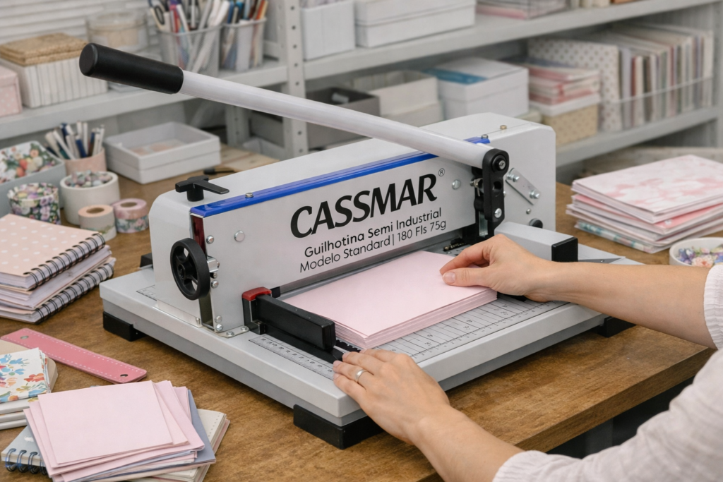 guilhotina semi industrial sendo usada na papelaria personaliza