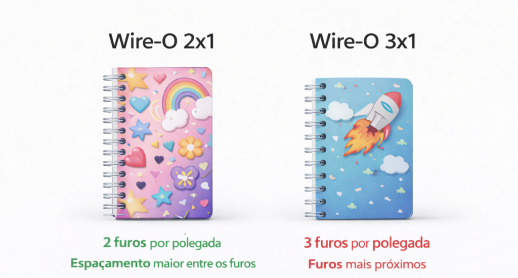 Comparação entre encadernação wire-o 2x1 e 3x1 mostrando a diferença na quantidade de furos por polegada
