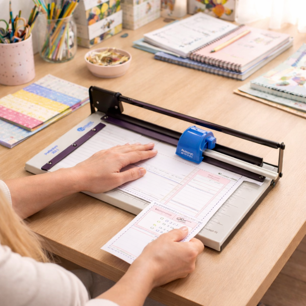 Pessoa utilizando uma refiladora de papel para cortar folhas de planner em um ateliê de papelaria personalizada