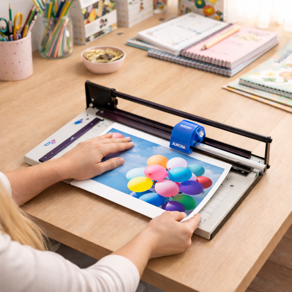 Pessoa usando refiladora de papel para retirar rebarba de papel fotográfico em ateliê de papelaria personalizada
