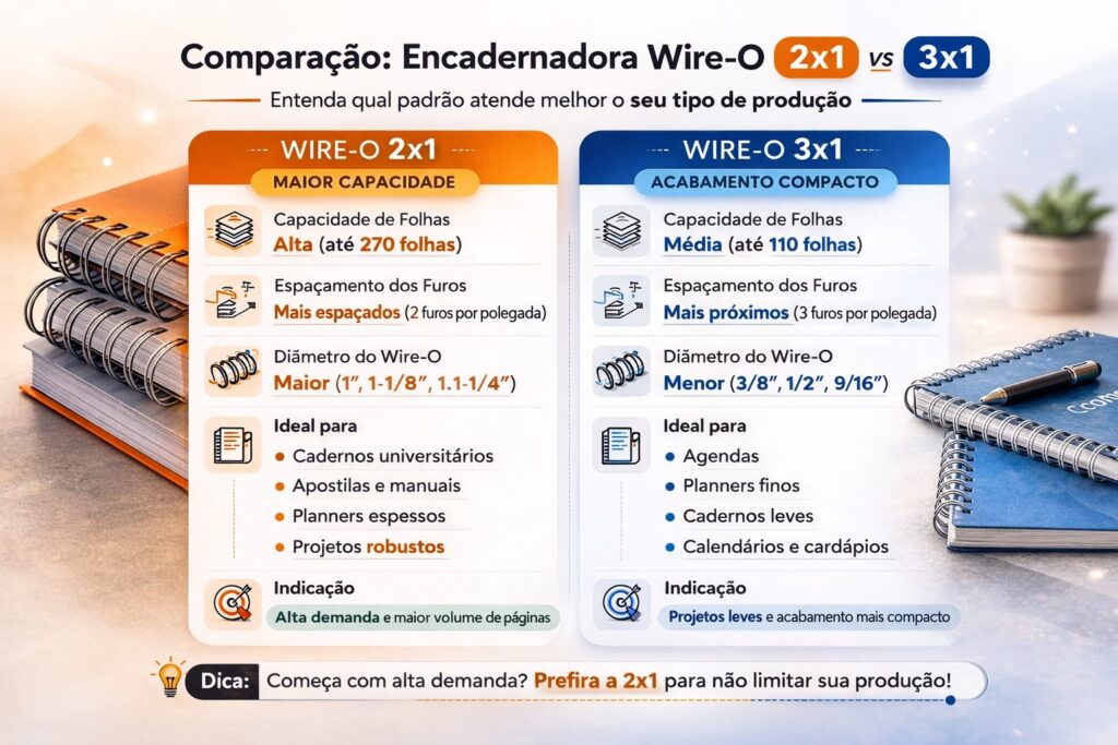 Comparação entre encadernadora wire-o 2x1 e 3x1 mostrando capacidade de folhas, espaçamento dos furos e aplicações de cada padrão