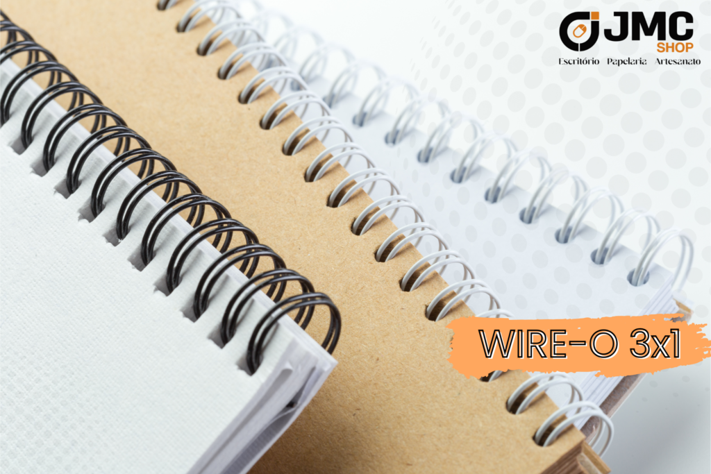 Close da encadernação wire-o 3x1 mostrando furos mais próximos na lombada
